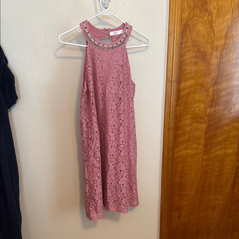 Candie's Mauve Lace Dress with Embellished Neckline